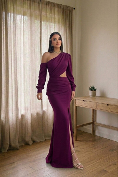 ALFUDO Moda Collection Tek Kol Derin Yırtmaçlı Krep Gece Elbisesi Abiye