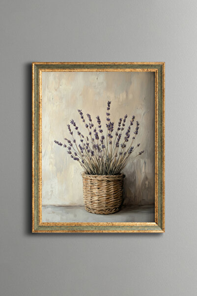 epiqart Lavender Flowers in Wicker Basket - Vintage Patterned Frame - Slim Model