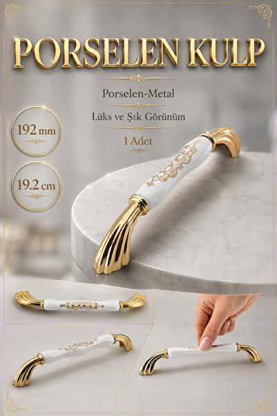 Badem10 Abanda Porselen Beyaz Gold 192 mm 19.2 cm Mobilya Çekmece Dolabı Dola...