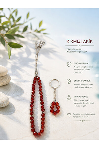OSMANLI DEĞERLİ TAŞ Father's Day Red Agate Prayer Beads 33 Pieces 8 mm