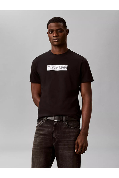 Calvin Klein Men's Regular Cut Round Neck Logo Printed Short Sleeve Black T-S...