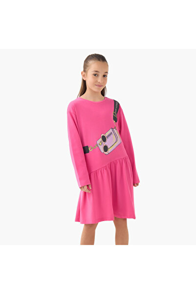 Juniors Round Neck Long Sleeves A-line Dress with Graphic Print