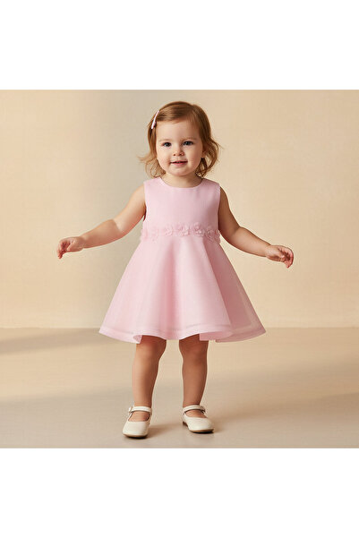 Juniors Round Neck Sleeveless A-line Dress with Floral Applique