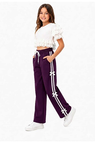 TORYUM TEKSTİL Girls' Baggy Tracksuits with Stripes and Ribbons, Two-Piece, N...