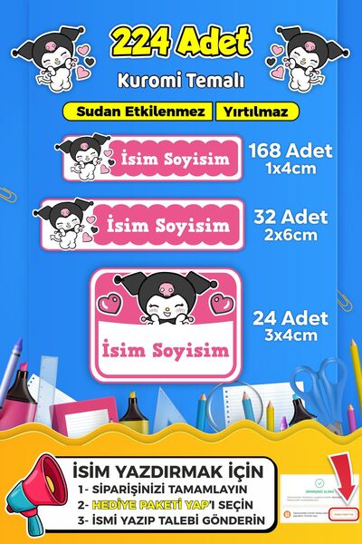 SB store Okul Kreş Kişiye Özel isim Etiket Seti Kuromi Temalı - Model 680