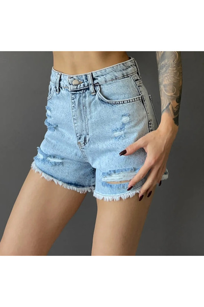 Seeba 5548 Açık Mavi Yüksek Bel Yırtık Detaylı Püsküllü Denim Kot Şort