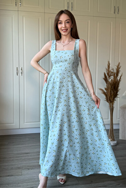Dilay Gökoğlu Butik Rochie midi turcoaz cu guler pătrat, imprimeu floral și d...