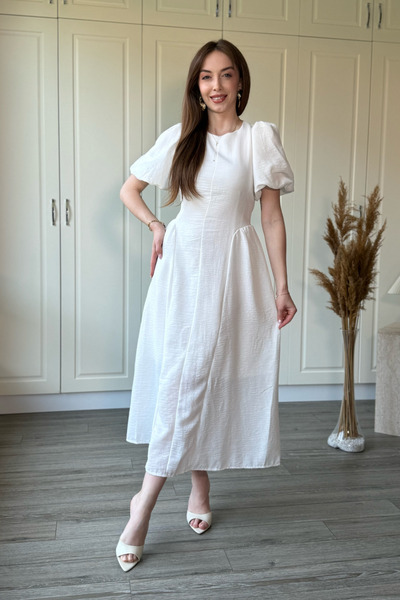 Dilay Gökoğlu Butik White Muslin Fabric Balloon Sleeve Midi Dress
