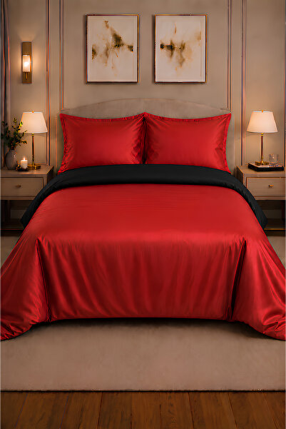 remtex 100% Cotton Satin Double-Sided Design Red Black Double Duvet Cover Set