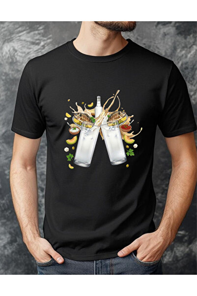 Krays Men's Black Rakı Fish Printed T-Shirt Appetizer Patterned Crew Neck Sta...