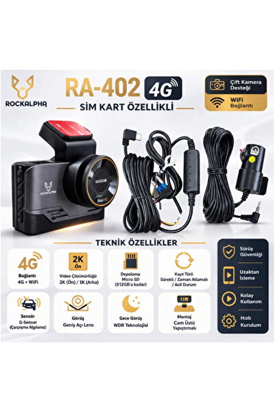 ROCKALPHA Araç Kayıt Kamerası - RA-402 Uzaktan izlemeli Sim Kartlı 4G Ön ve A...