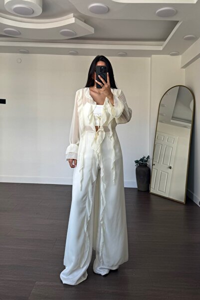 manoire Fırfır Detaylı Transparan Uzun Pareo Kimono