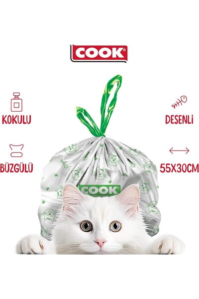 COOK Kedi Tuvaleti Büzgülü Çöp Torbası, 55 x 30 cm, 20 Yaprak, Sabun Kokulu, ...