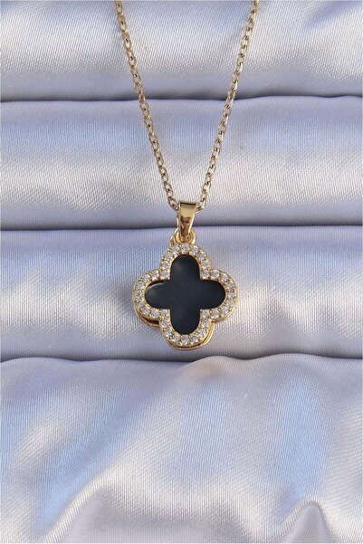 Butik 316L Çelik Gold Renk Siyah Mineli Zirkon Taşlı Yonca Figürlü Kolye