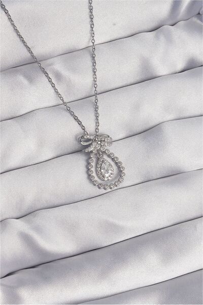 Generic Brand 316L Steel Silver Color Bow Detailed Zircon Stone Drop Model Ne...