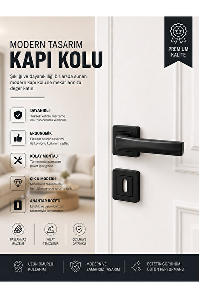 kapa Siyah Oda Kapı Kolu Seti – Kare Rozetli Modern Kapı Kolu, Mat Siyah Prem...