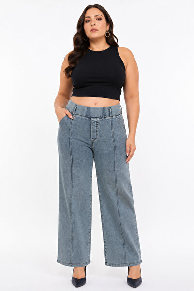 ZANESSİ FASHION Plus Size Denim High Waist Wide Leg Women's Trousers