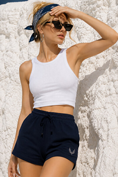 Rich Women's Navy Blue Cotton High Waist Mini Shorts