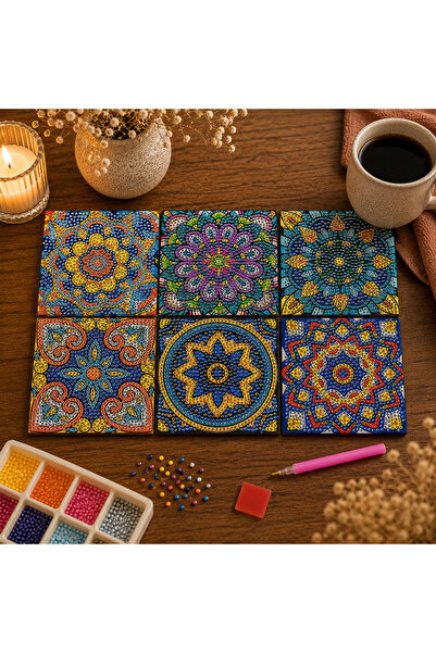 iğne izi Diamond Painting Coaster Set – 6 Pieces, Plastic Stand Included, DIY...