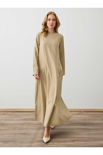 Refka Linen Hijab Dress with Stitching Detail and Pockets - Dark Beige -