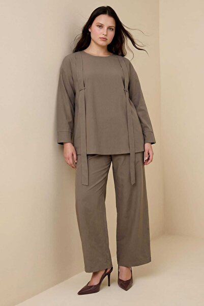 ALİA Front Belt Detailed Tunic & Trousers Linen Plus Size Set - Earth Color