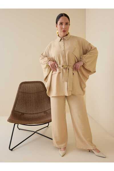ALİA Batwing Sleeve Shirt Detailed Plus Size Set - Cream -