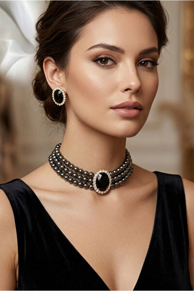 Happyline Oval Black Stone Smoked Bead Choker Set, Smoked Bead Necklace, Chok...