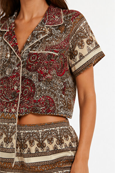 Tusebu Organic Cotton Coffee Red Ethnic Shawl Patterned Women's Shirt Collar ...