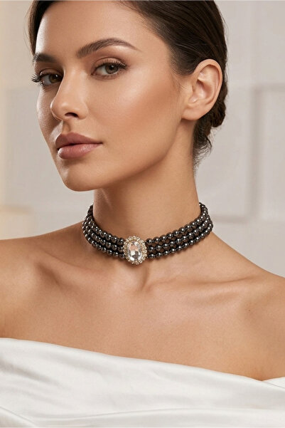 Happyline Oval Silver Stone Smoked Bead Choker Necklace, Smoked Bead Necklace...