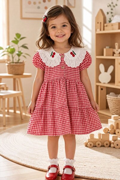 NOTA KİDS Girl's Red Plaid Patterned Cherry Embroidered Doll Collar Cotton Su...