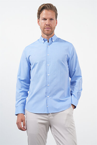 İmza Blue Buttoned Collar Long Sleeve Slim Fit Cotton Shirt 1004260235