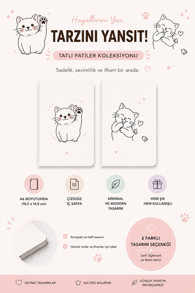 zumio A6 3'lü Kedi Desenli Defter | Çizgisiz Mini Not Defteri | Tatlı Patiler...