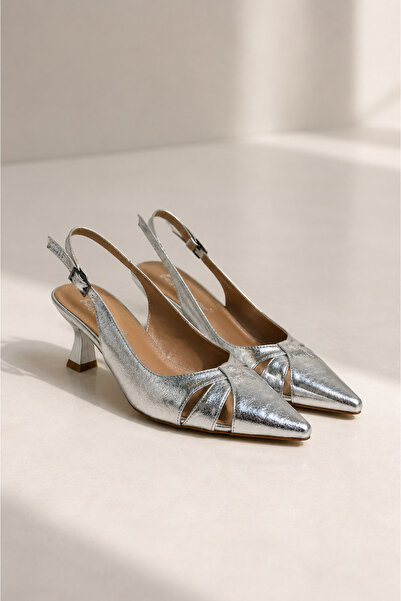Best Cover HELIN Kadın Gümüş Pencere Detaylı Sivri Burun Slingback 6 cm Topuk...