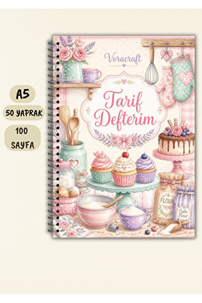 VORACRAFT Pastel Temalı Yemek Tarif Defteri, 50 Yaprak /100 Sayfa, A5 / Tel S...