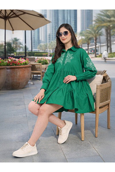 HOUSE OF RAELI By Styli Green Cotton Poplin Shirt Mini Dress