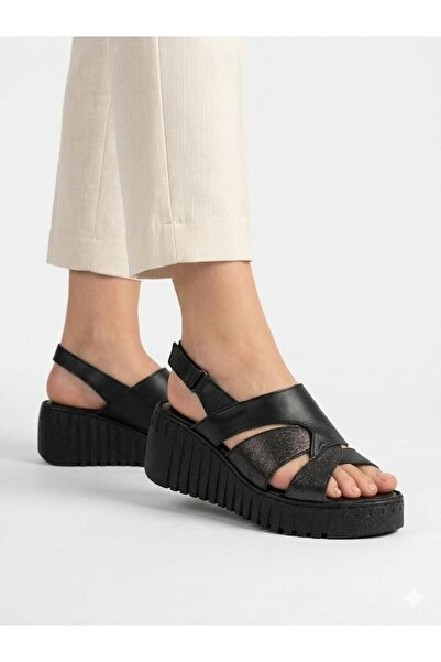 Lütfi Women's black genuine leather orthopedic wedge heel sandals with soft s...