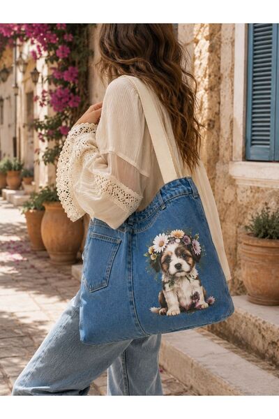 Dema Denim Baskılı Cepli Günlük Kadın Omuz Çantası / plaj & günlük kullanım