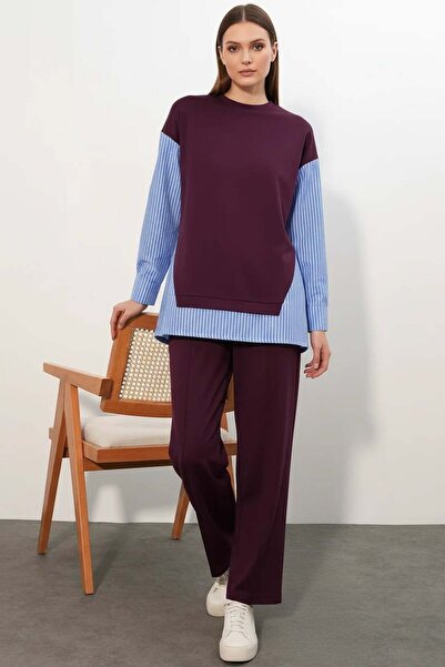 ALFA AKSESUAR 03 Women's Round Neck Striped Burgundy Two-Piece Set