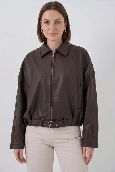 ALFA AKSESUAR 03 Women's Shirt Collar Belted Belt Detailed Brown Jacket