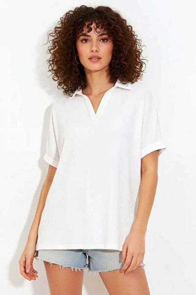 Generic Brand Women's Polo Collar Short Sleeve Oversize White Blouse