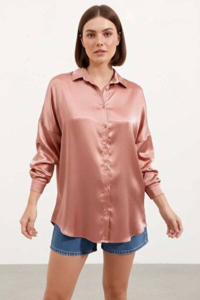 Generic Brand Women's Oversize Cut Satin Camel Shirt