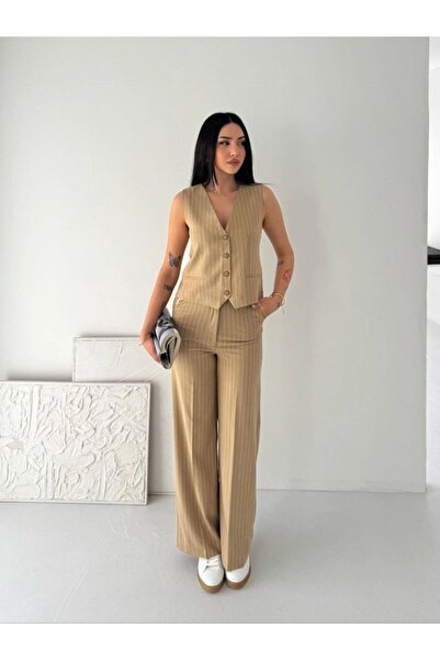 VELİZADE Çizgili V Yaka Kolsuz Tensel Kumaş Düğmeli Slim Fit Yelekli Palazzo ...