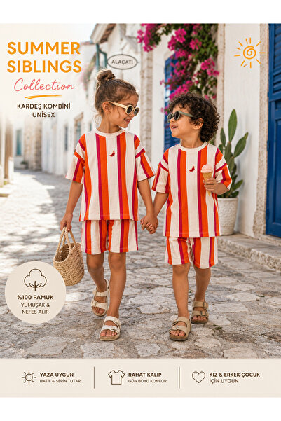 Kız Erkek Çocuk Kardeş Kombini Çizgili Şortlu Takım Unisex Yazlık 2-7 Yaş