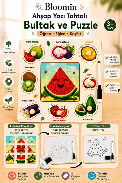Bloomin Ahşap Eğitici Bultak & Puzzle Oyuncak Ve Yaz Sil Yazı Tahtası Bebek Ç...