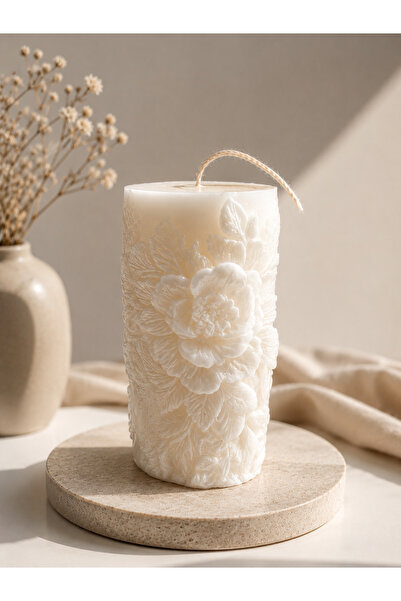 Lúmea Candle Kabartmalı Çiçek Desenli Dekoratif Silindir Mum – El Yapımı Beya...
