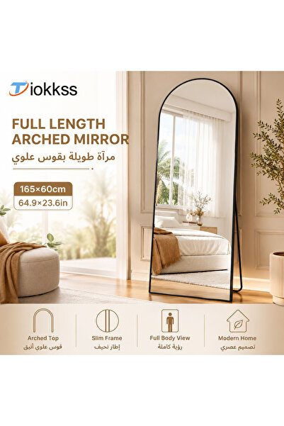 Tiokkss مرآة مقوسة بطول كامل 165×60 سم، مرآة أرضية بإطار أسود نحيف مع حامل قا...