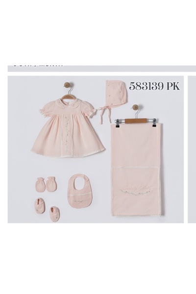 Baby shine طقم استقبال مولود بناتي فستان تركي فاخر قطني100% - 5قطع -3139