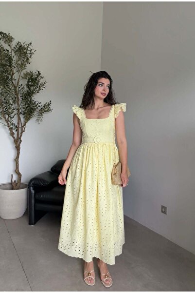 Bade Butik Yellow Belted Embroidered Dress