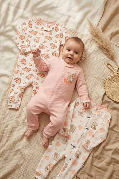 Generic Brand Baby Girl 3-Piece Set Cotton Ribbed Baby Romper Set - Pink/Ecru...