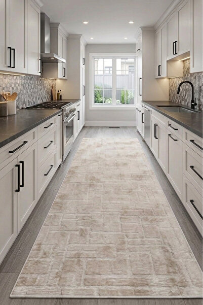 Stan Non-Slip Based Cut Embossed Living Room Corridor Kitchen Rug Washable Beige